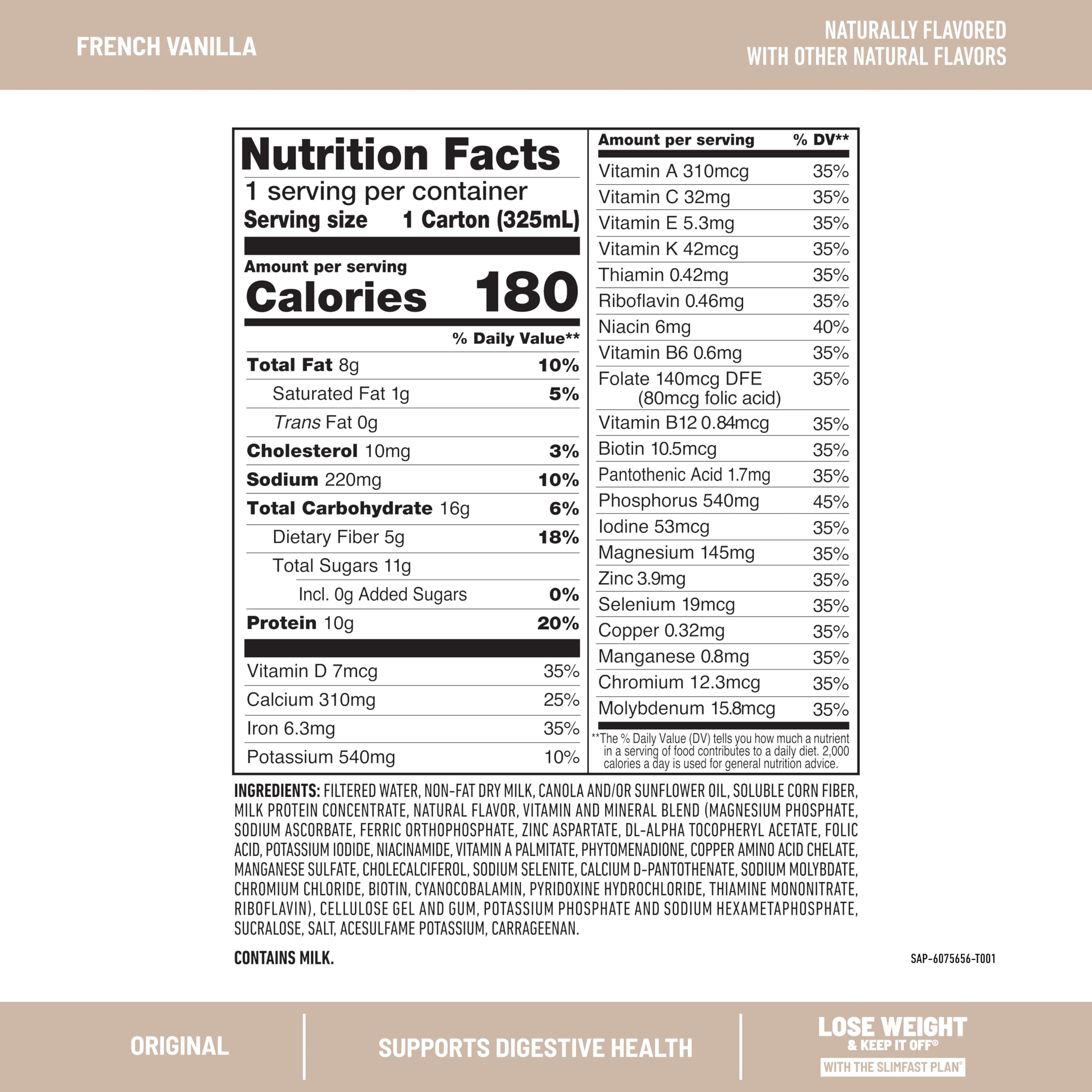 SlimFast etiqueta nutricional en botella destacando vitaminas y proteína