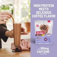 SlimFast etiqueta nutricional destacando 20 g proteína y 100 mg cafeína