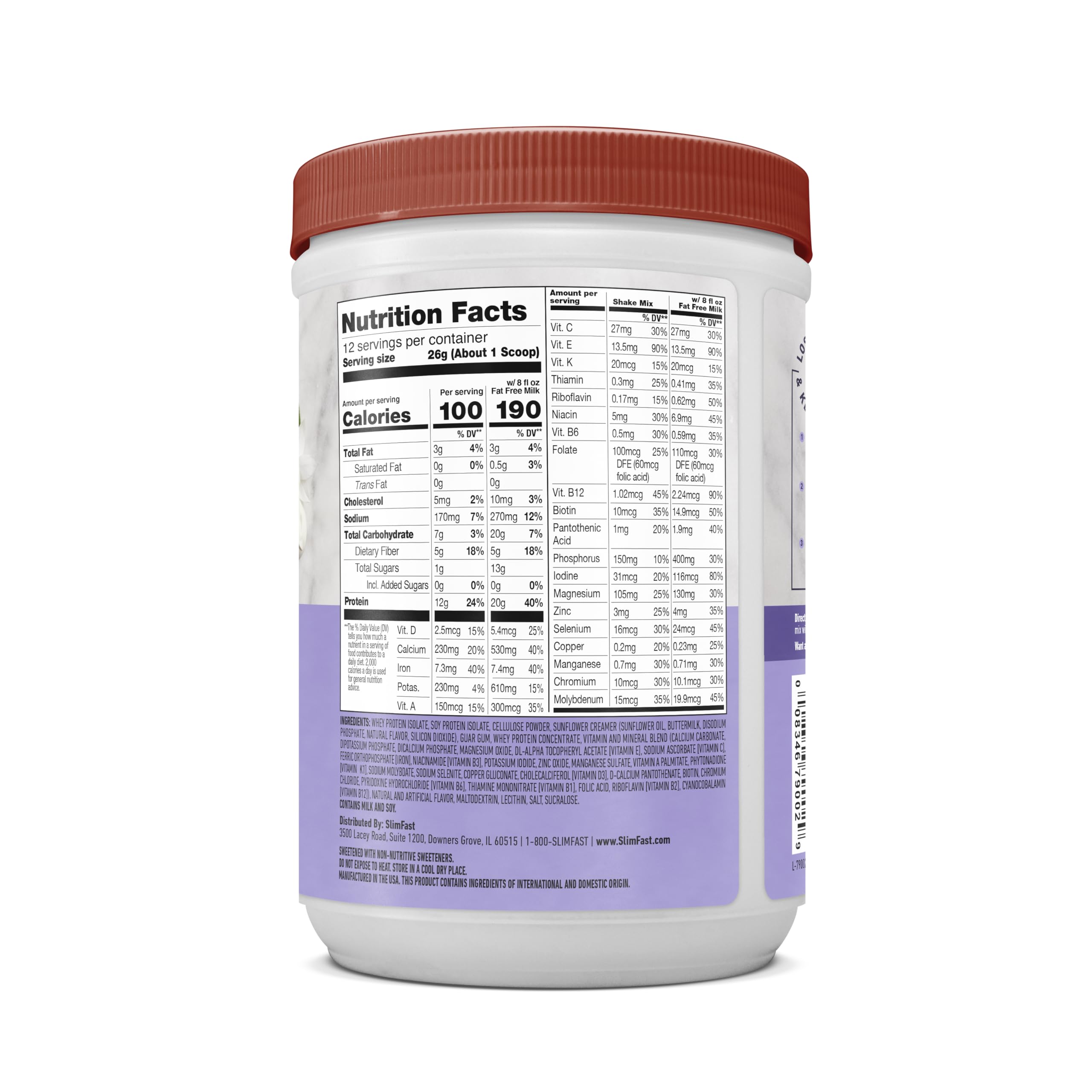SlimFast etiqueta nutricional en primer plano indicando vitaminas y proteínas