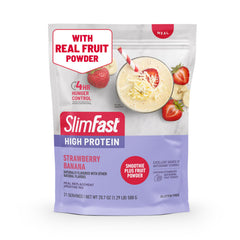 SlimFast empaque frontal mostrando sabor fresa plátano y beneficios clave