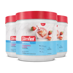 SlimFast empaque frontal mostrando la marca y sabor fresas y crema, facilidad de uso