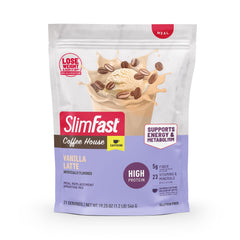 SlimFast frente del envase mostrando sabor y raciones, conveniencia instantánea