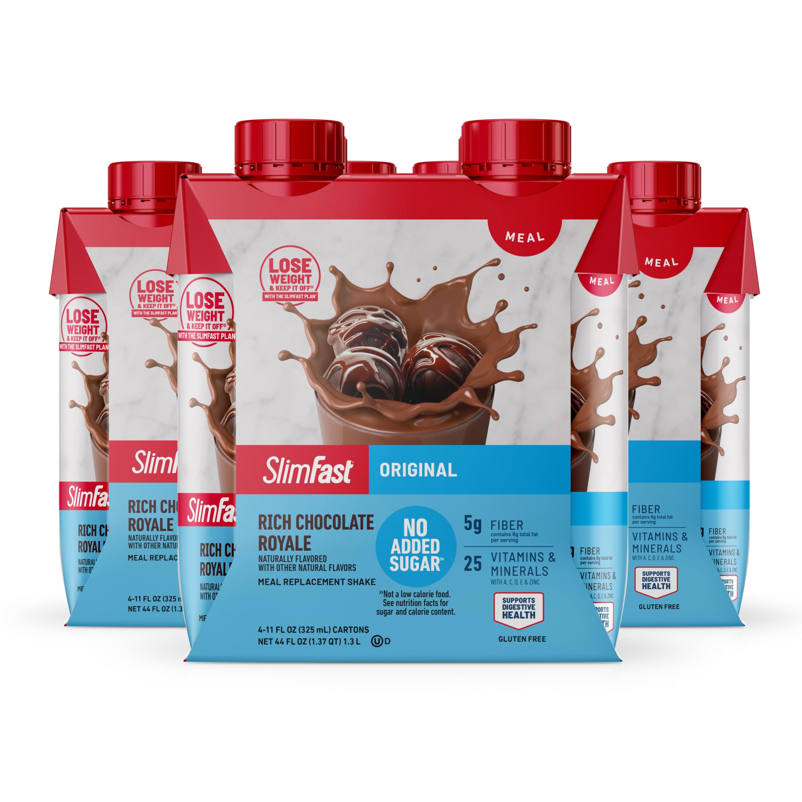 SlimFast frente del envase Rich Chocolate Royale mostrando conveniente formato