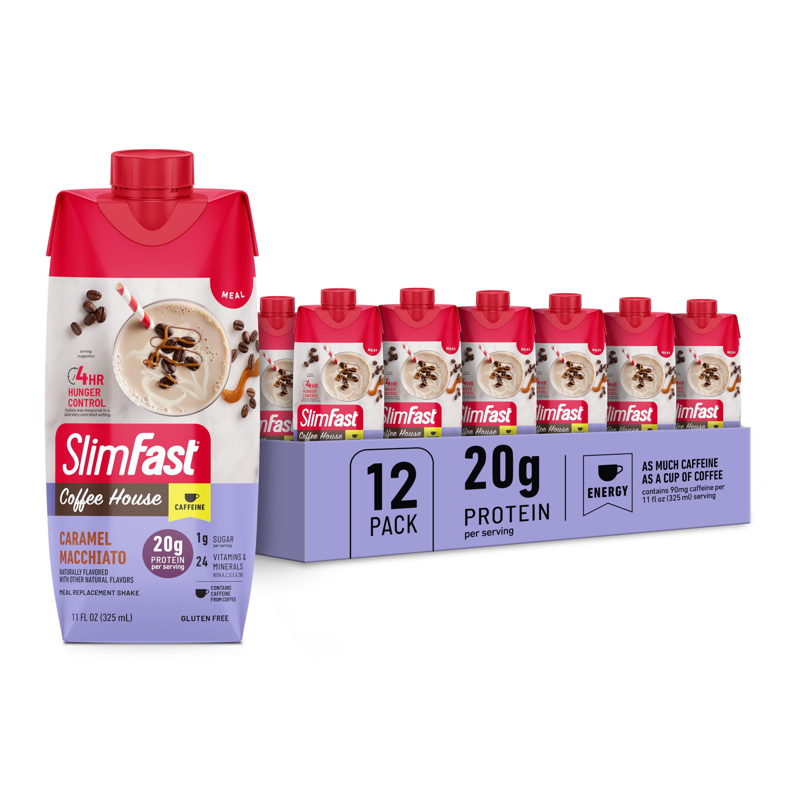 SlimFast frente del pack de 12 botellas mostrando la marca y sabor, conveniente para llevar