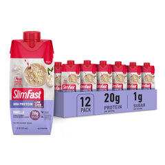 SlimFast envase frontal mostrando sabor vainilla y conveniencia