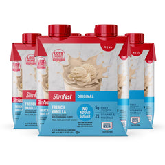 SlimFast envase frontal French Vanilla mostrando beneficio práctico