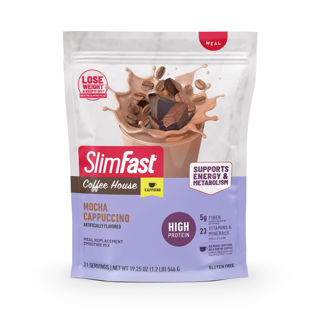 SlimFast envase Mocha Cappuccino frontal mostrando marca y sabor