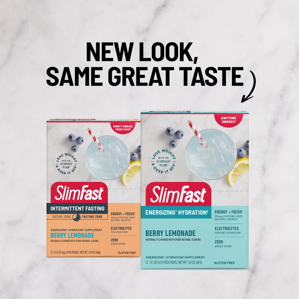 SlimFast sobre individual mostrando polvo listo para mezclar