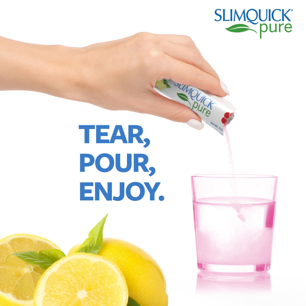 SlimQuick comparación de tamaño de un sobre junto a una botella para referencia