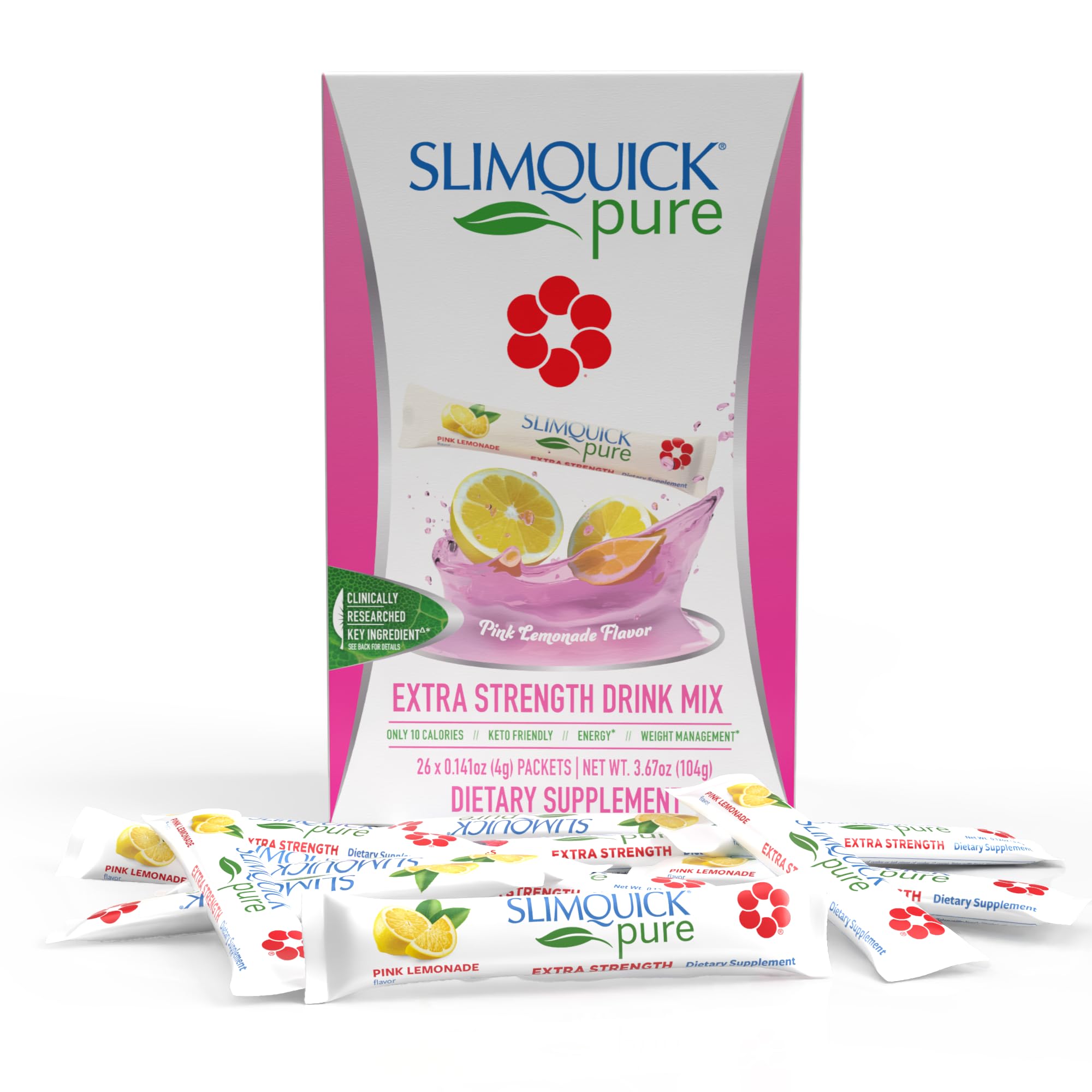 SlimQuick frontal del empaque mostrando 26 sobres y sabor Pink Lemonade, conveniente