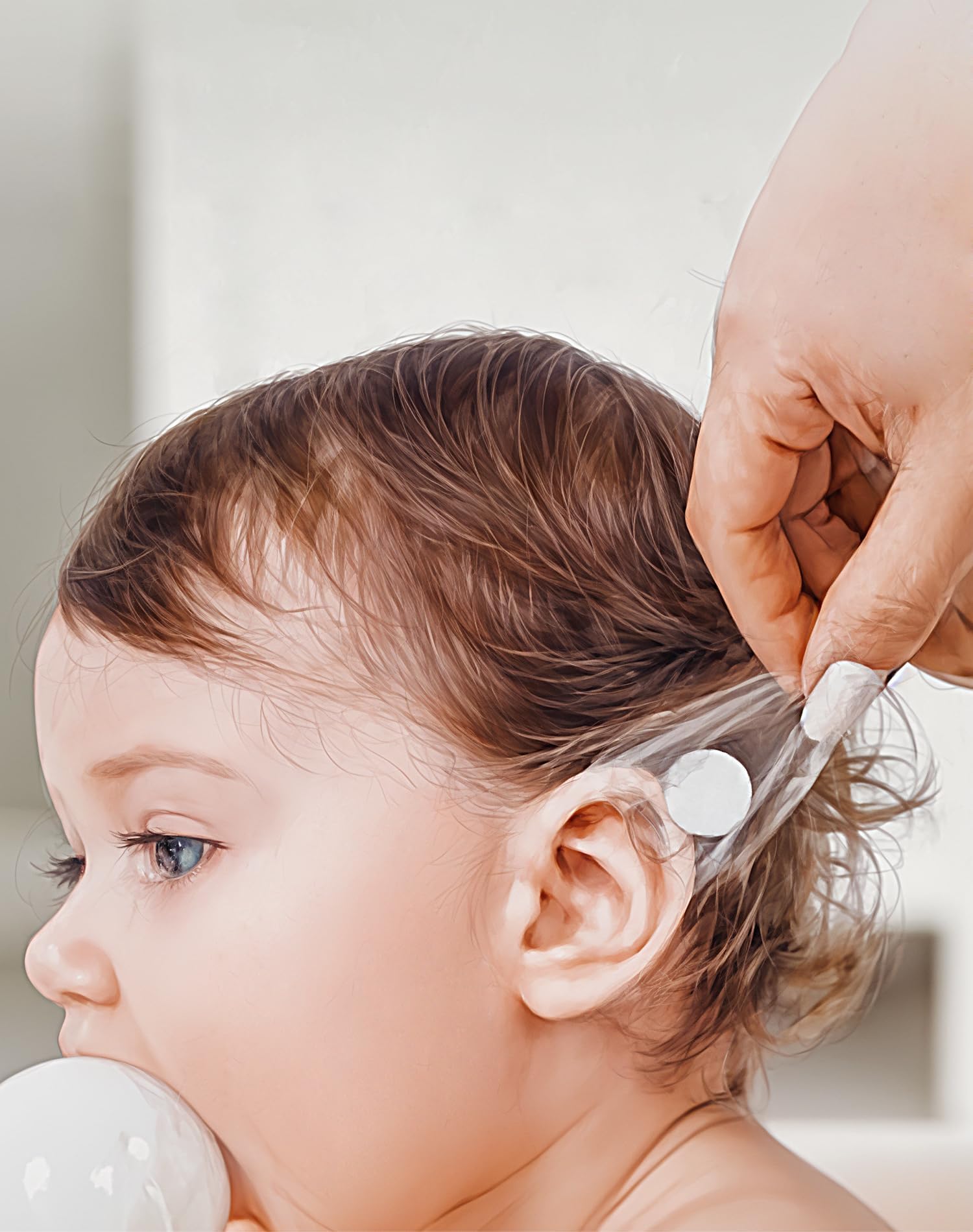 Slizy parche aplicado en oreja de bebé durante baño para protección acuática segura