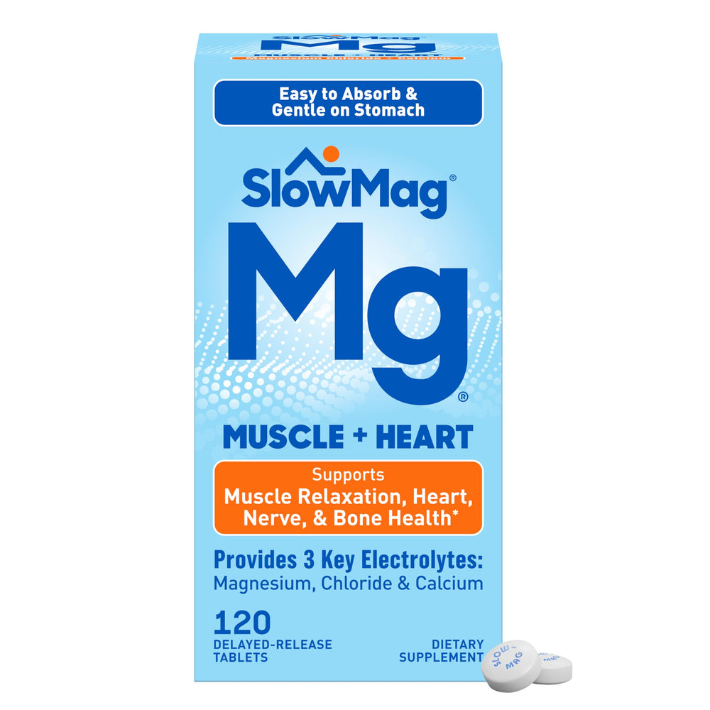 Slow-Mag envase frontal mostrando 120 tabletas y beneficios