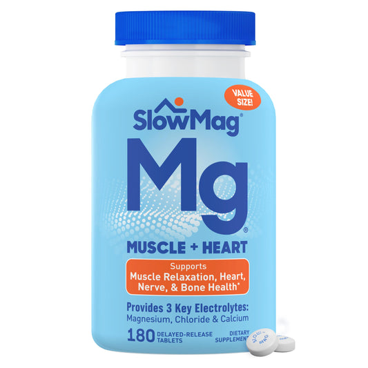 Slow-Mag envase frontal mostrando 180 tabletas y beneficio de absorción
