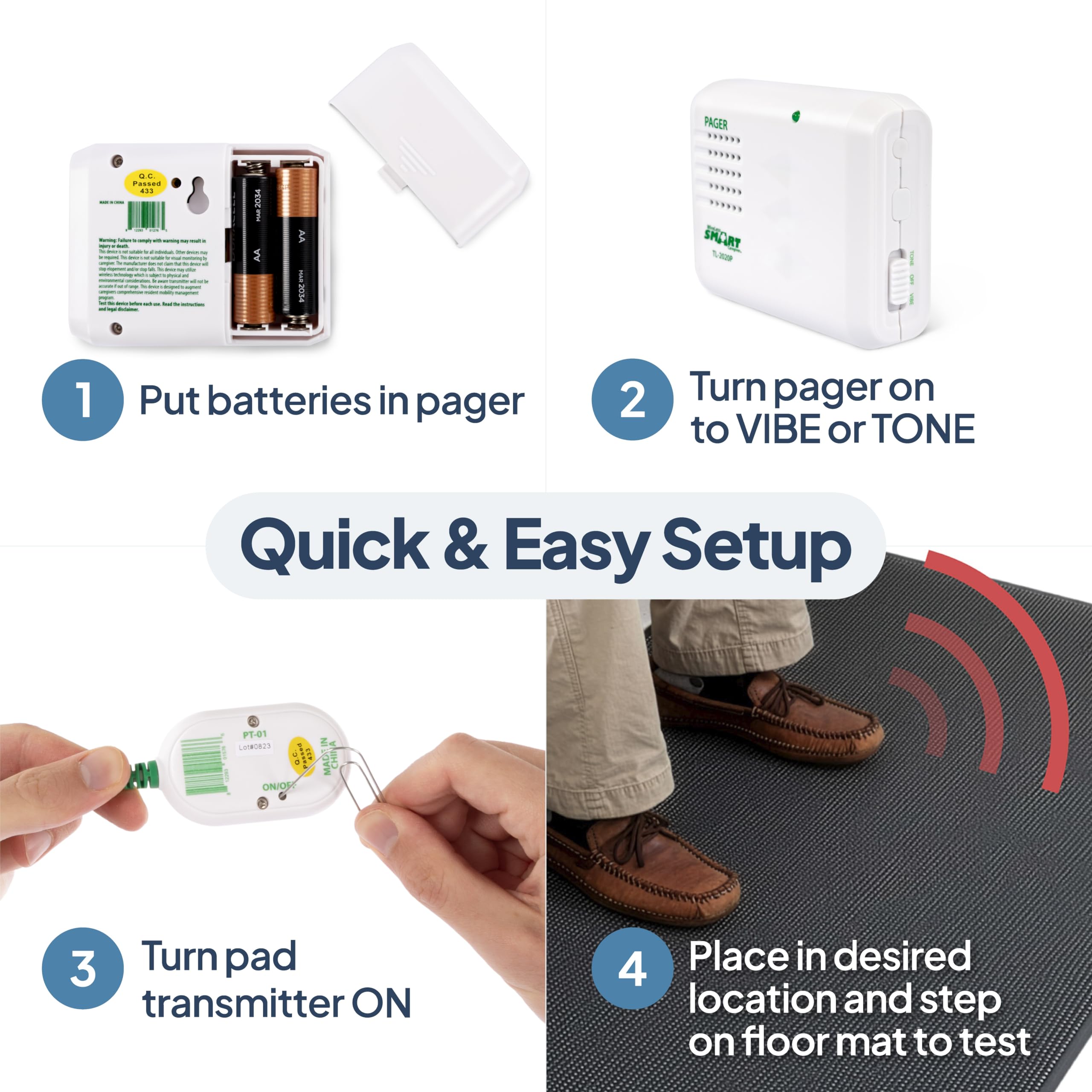 Smart Caregiver pager sostenido en mano muestra portabilidad y comodidad