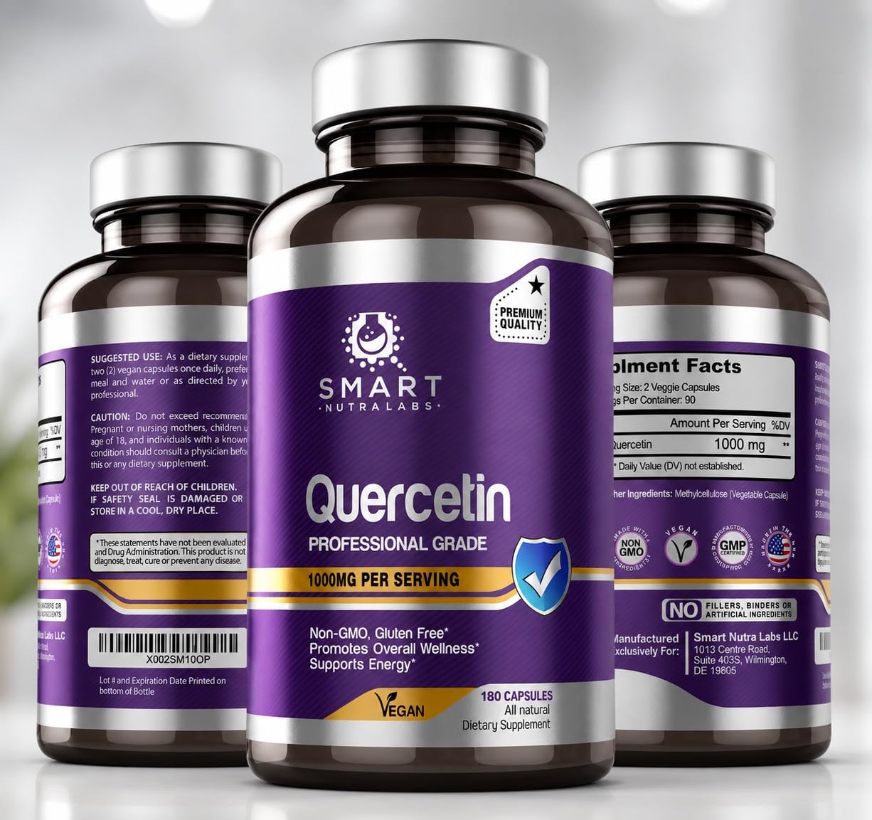 Smart Nutra Labs frasco frontal que muestra quercetina 1000mg y diseño claro