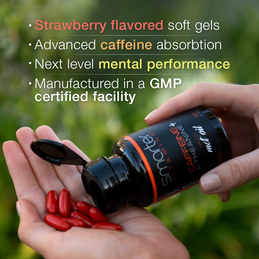 SmarterVitamins primer plano de softgel mostrando textura y MCT para mejor absorción