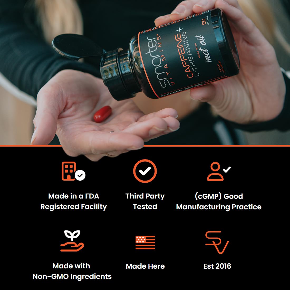 SmarterVitamins etiqueta nutricional clara indicando dosis y pruebas de terceros