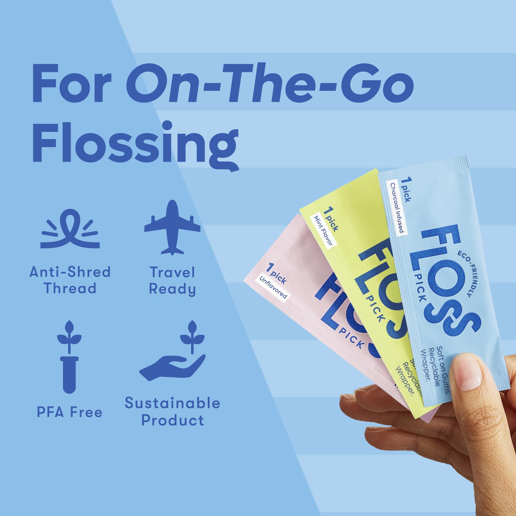 SmartLifeco floss picks dentro de una bolsa de viaje listos para usar en movimiento
