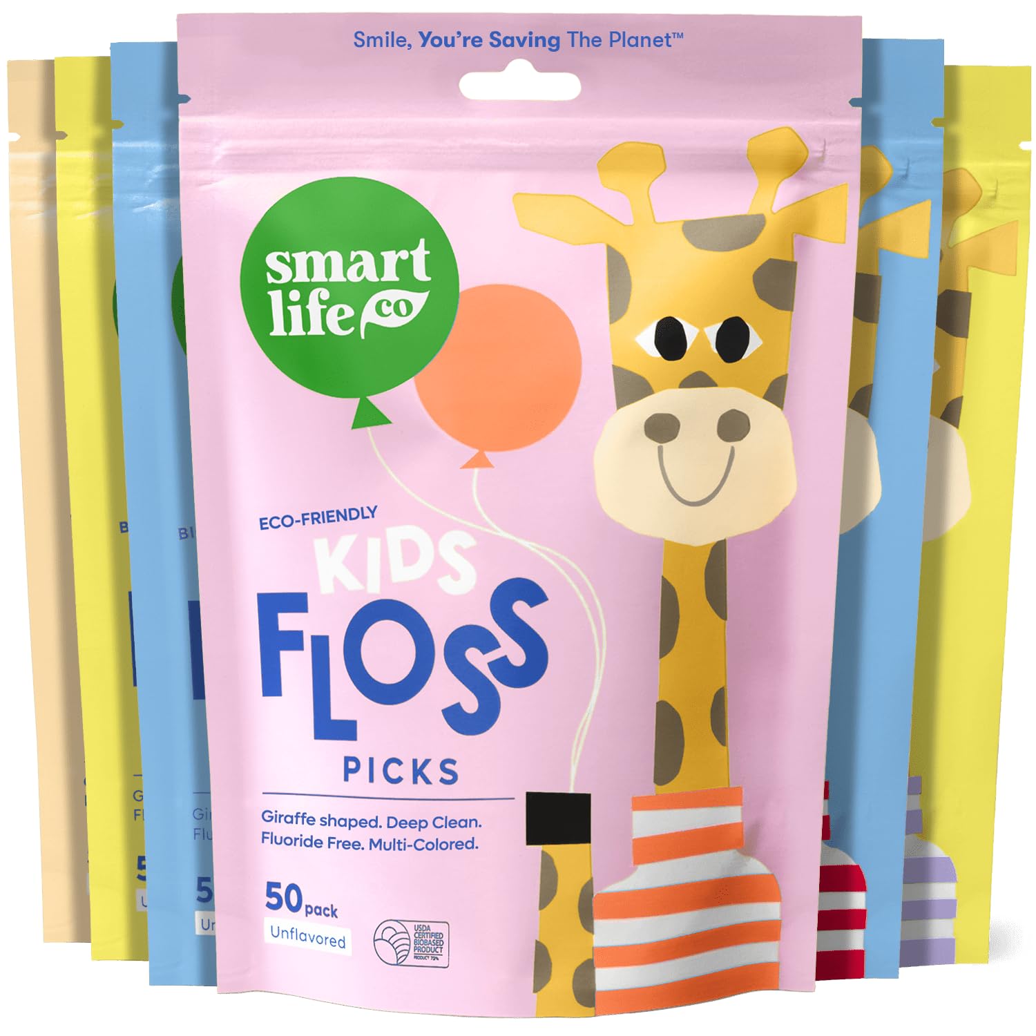 SmartLifeco paquete frontal mostrando 300 flossers eco y beneficios sostenibles