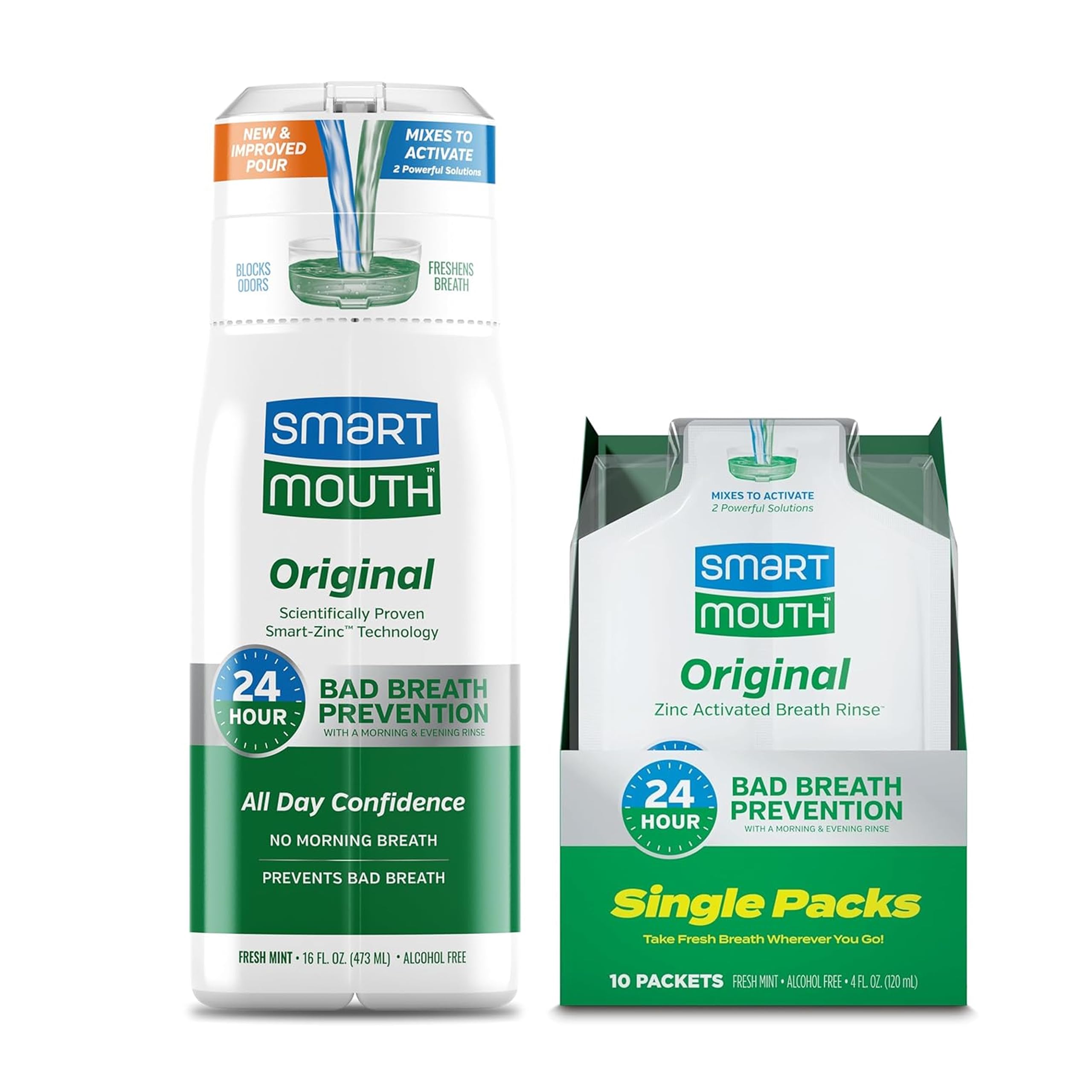 SmartMouth botella frontal mostrando el envase y beneficio de frescura prolongada