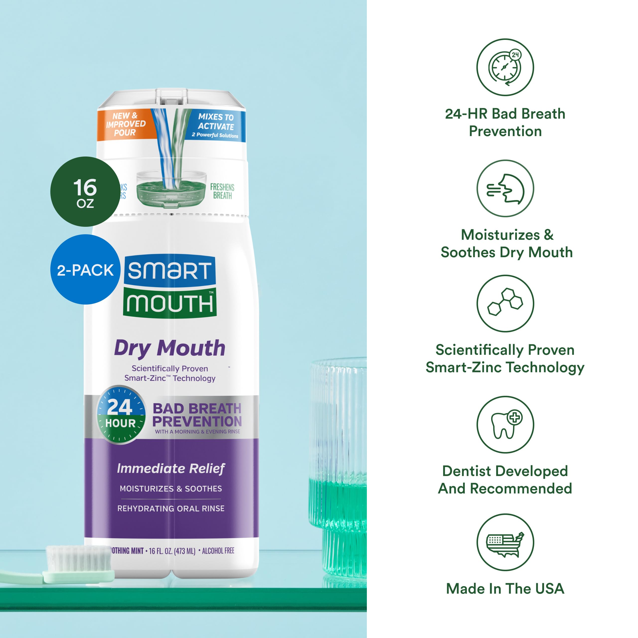 SmartMouth botella junto a una regla para comparar tamaño y duración del producto