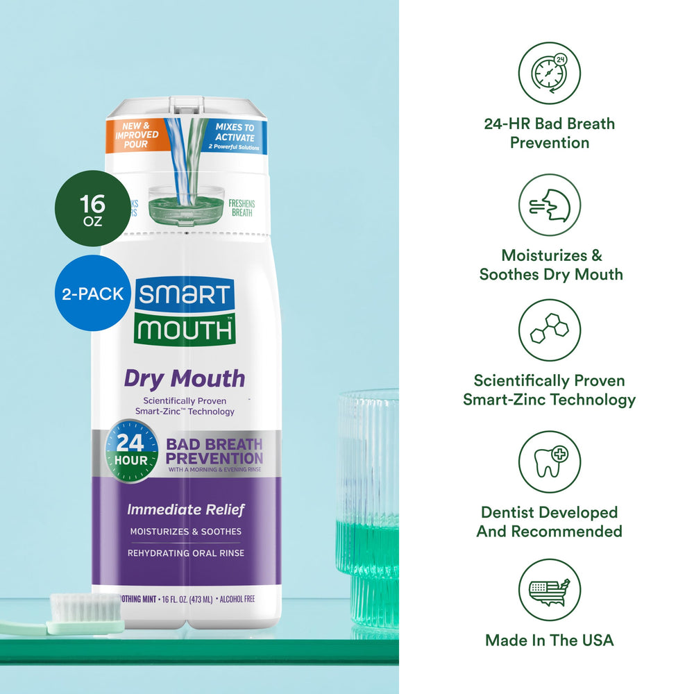 SmartMouth botella junto a una regla para comparar tamaño y duración del producto