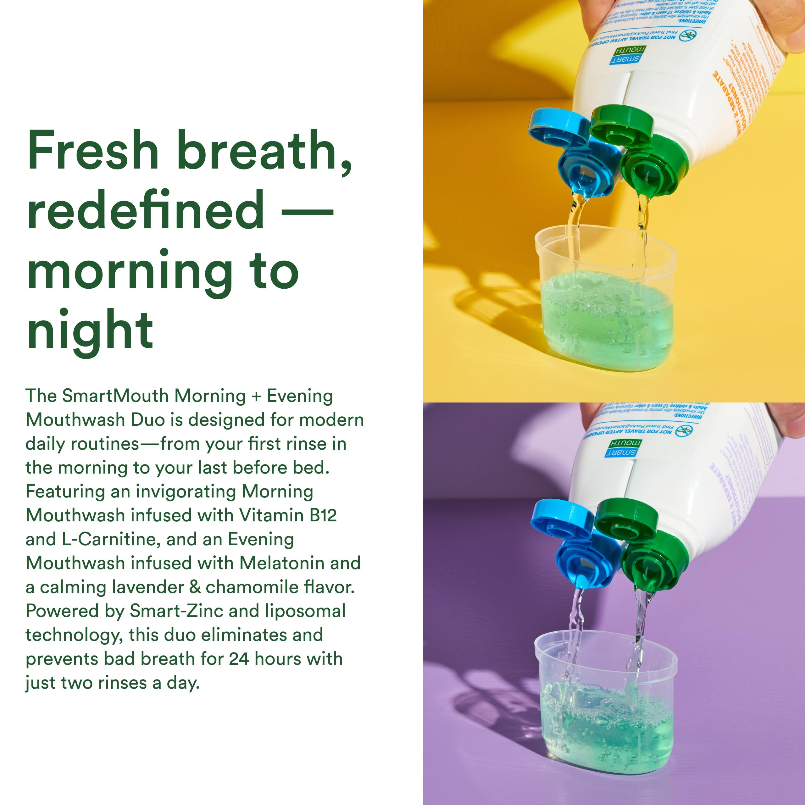 Primer plano de la etiqueta SmartMouth con ingredientes y certificaciones visibles