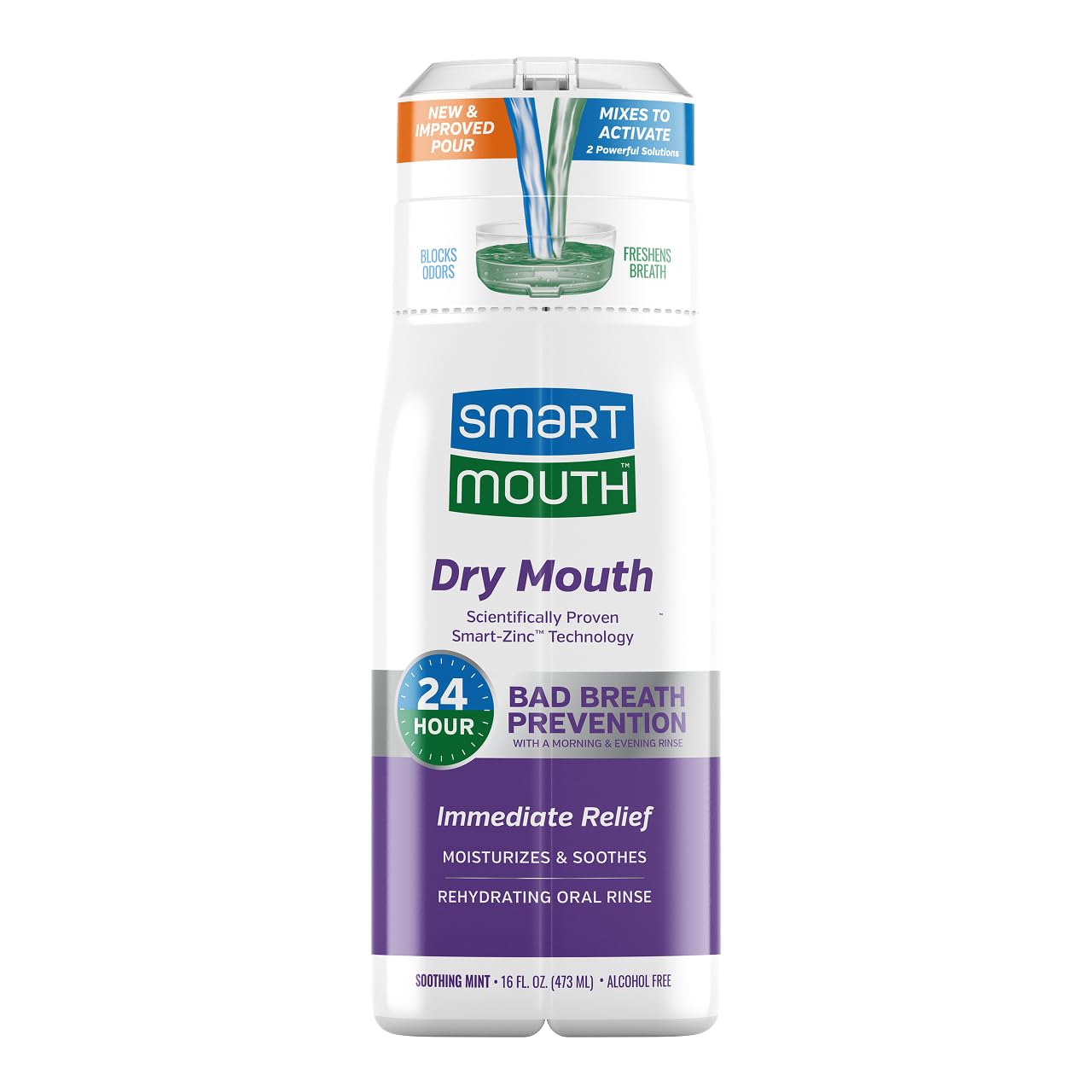 SmartMouth envase frontal mostrando tamaño y marca, promueve alivio rápido