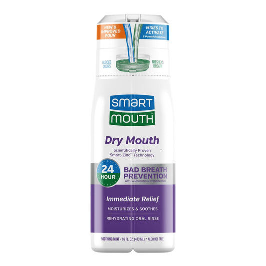 SmartMouth envase frontal mostrando tamaño y marca, promueve alivio rápido