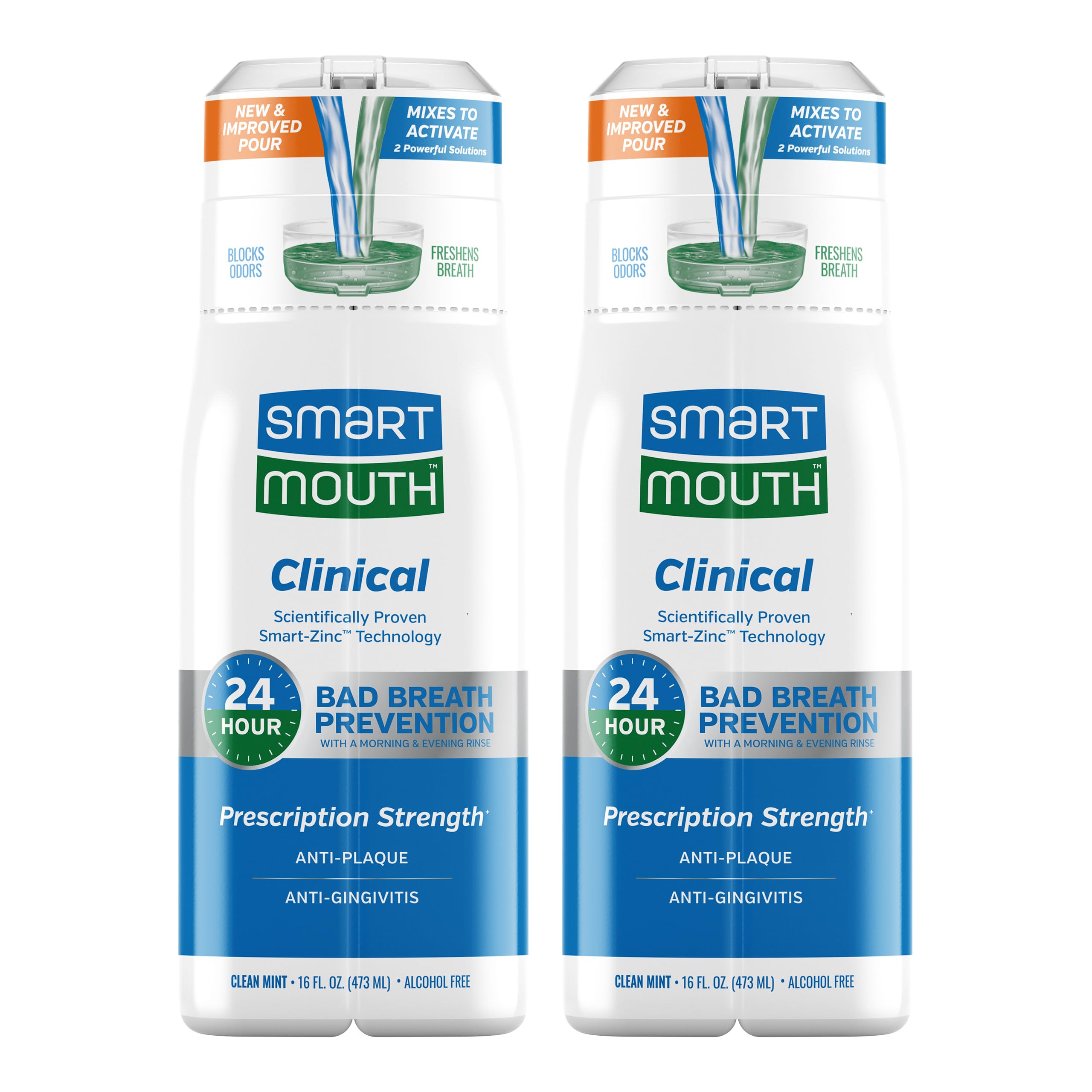 SmartMouth botella frontal mostrando diseño y beneficio de aliento fresco