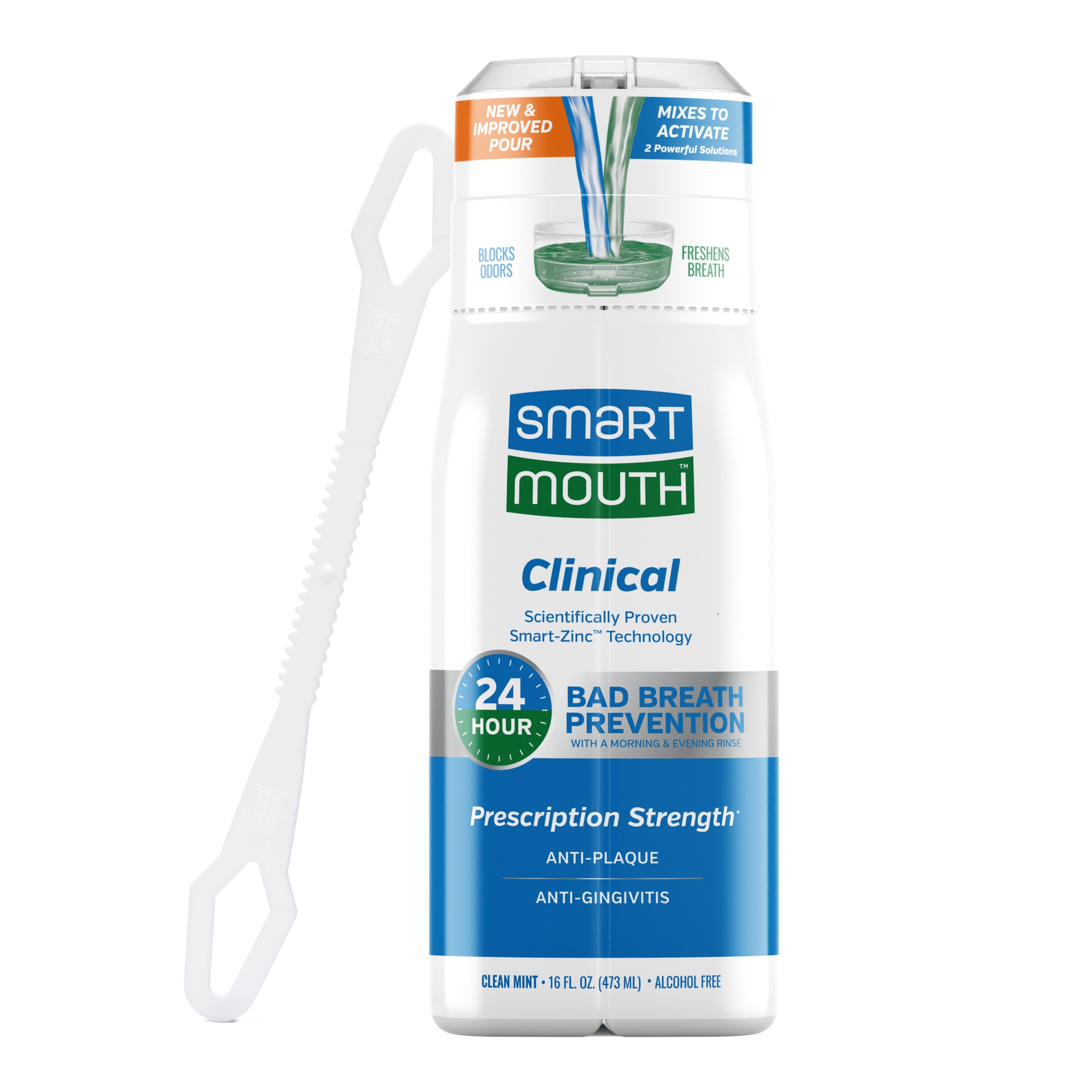SmartMouth envase frontal mostrando botella y etiqueta, confianza clínica