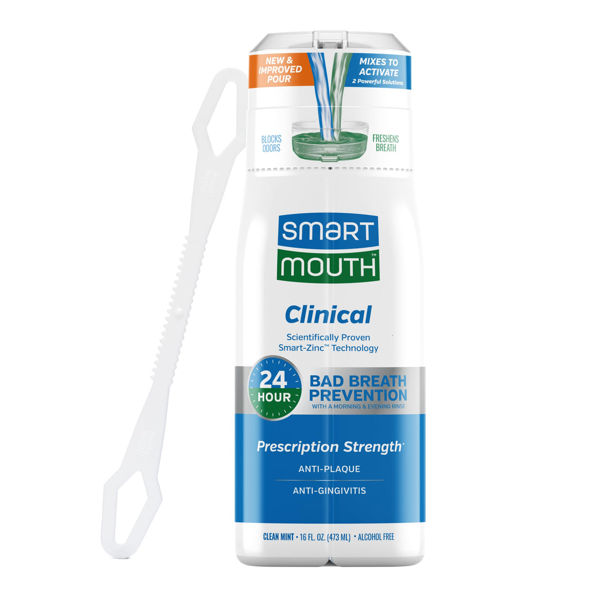 SmartMouth envase frontal mostrando botella y etiqueta, confianza clínica
