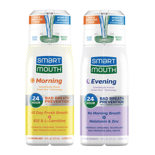 SmartMouth frontal del pack mostrando las dos botellas y beneficios claros