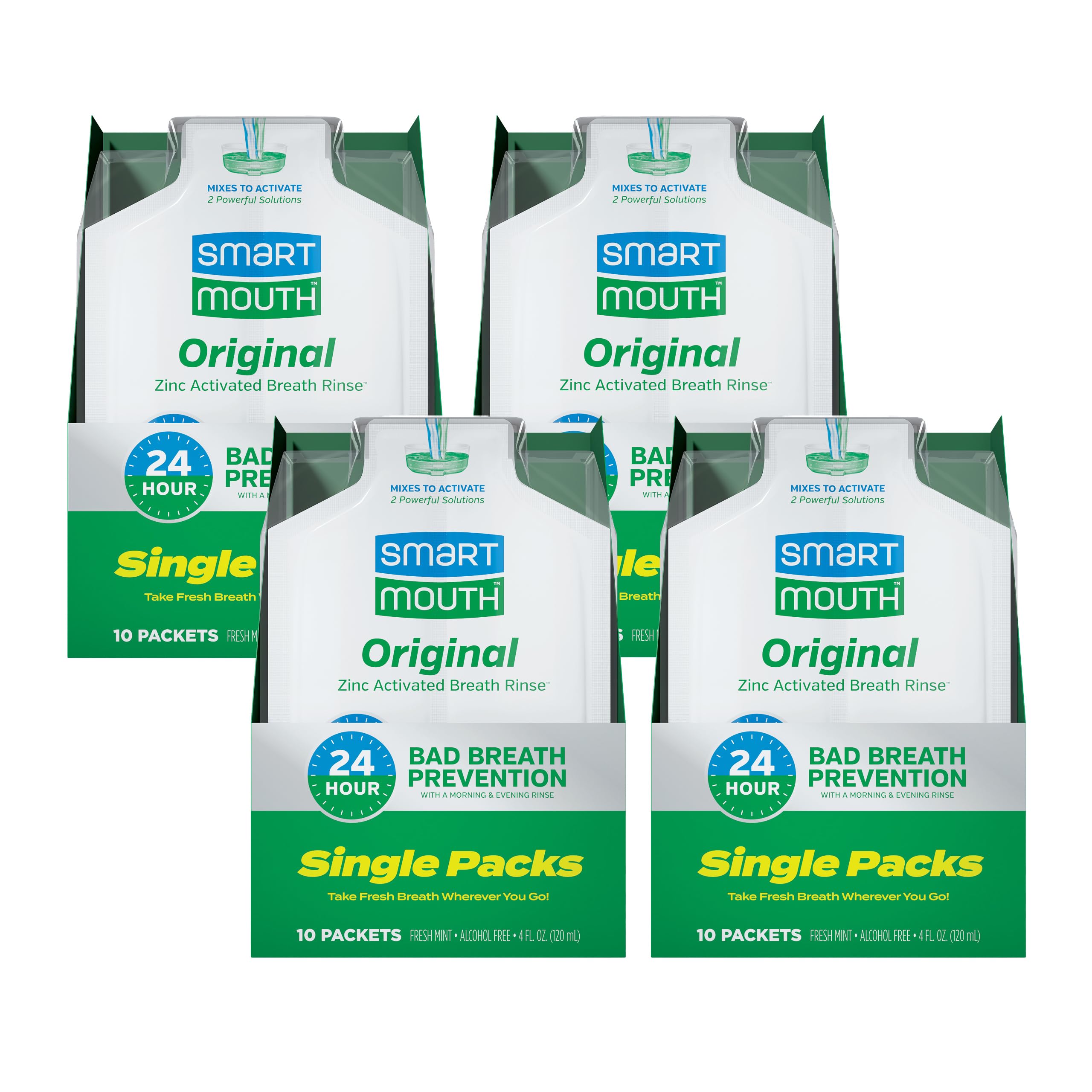 SmartMouth paquete frontal Fresh Mint mostrando sobres individuales y beneficio de frescura inmediata
