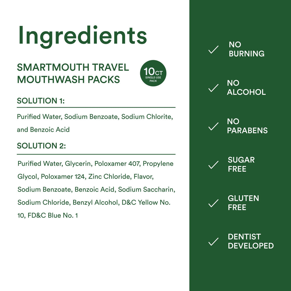 Caja con 10 sobres SmartMouth lista para llevar y reemplazo práctico