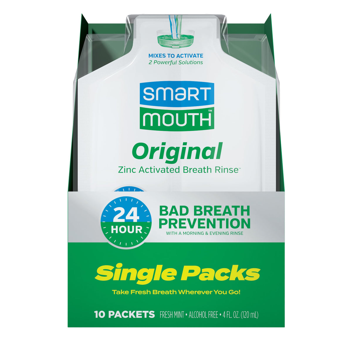 SmartMouth sobre empacado frontal muestra formato práctico y frescura inmediata