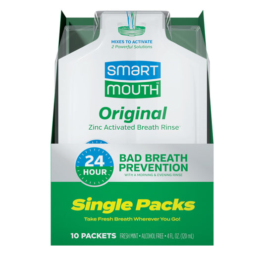 SmartMouth sobre empacado frontal muestra formato práctico y frescura inmediata