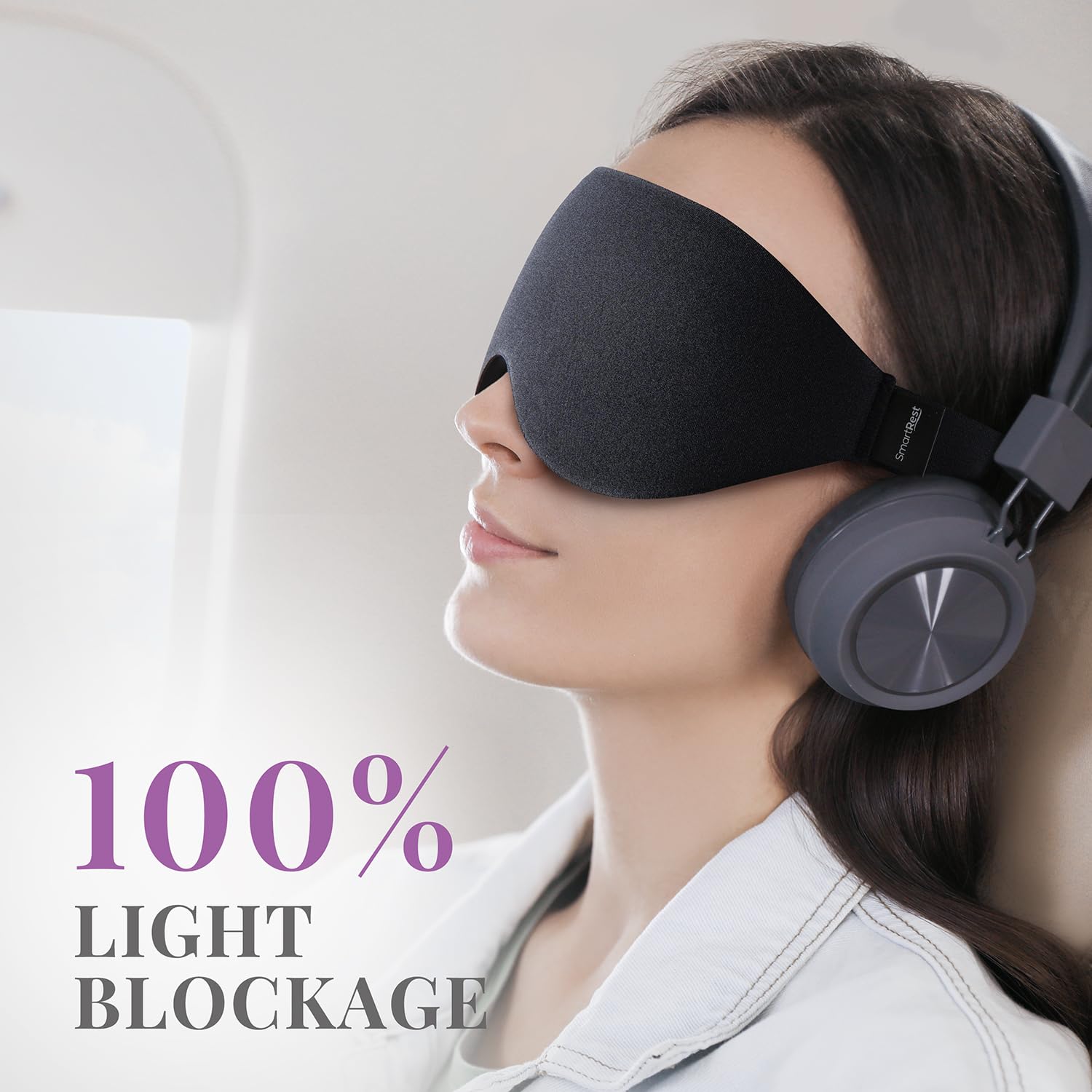 SmartRest antifaz en uso en cama para dormir profundamente
