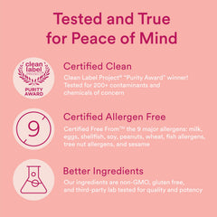 Sello de Clean Label Project sobre el envase SmartyPants indicando pruebas de pureza