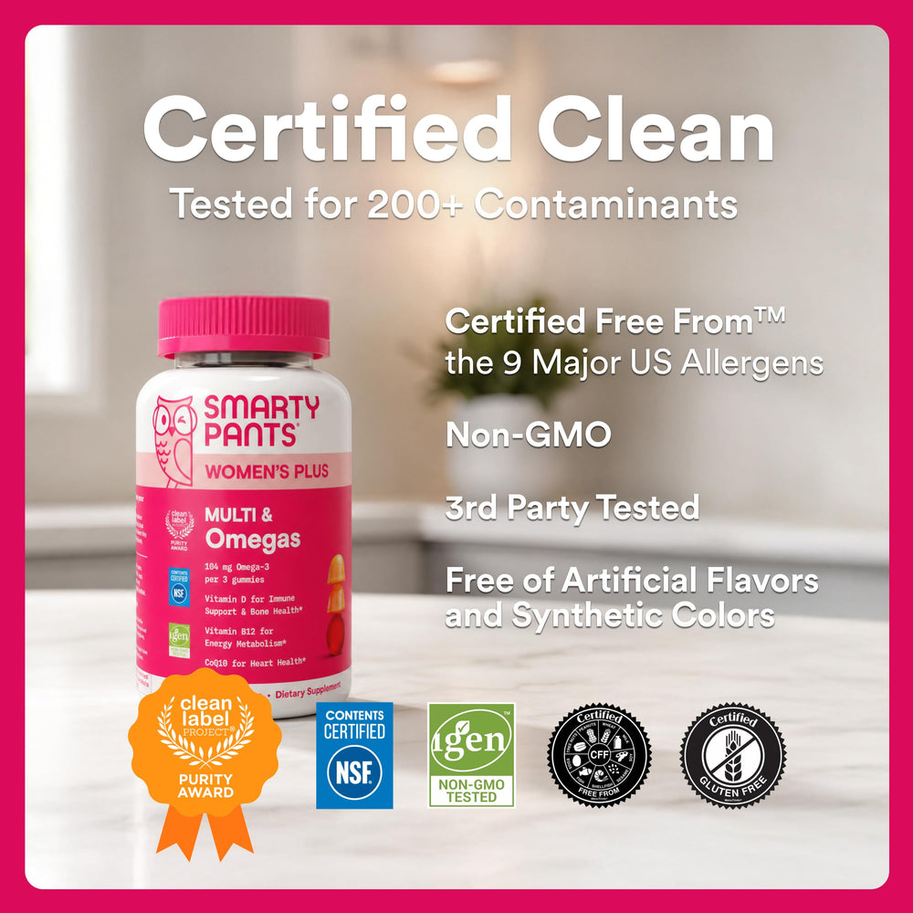 Sello Clean Label Project en envase SmartyPants indicando pruebas de pureza