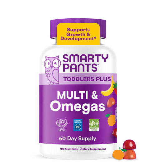 SmartyPants frasco frontal mostrando 120 gomitas, confianza y suministro prolongado