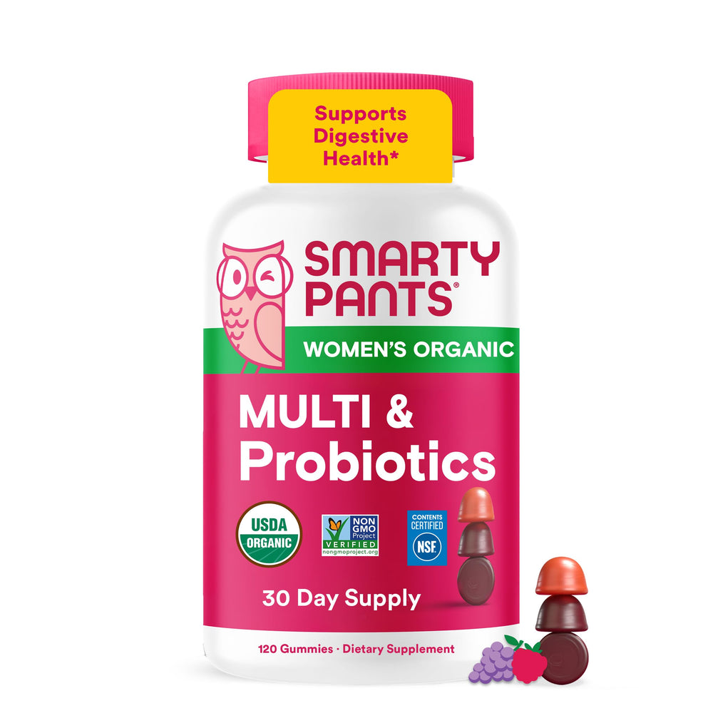 SmartyPants frasco frontal mostrando 120 gomitas y ventaja de conveniencia
