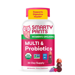 SmartyPants frasco frontal mostrando 120 gomitas y ventaja de conveniencia