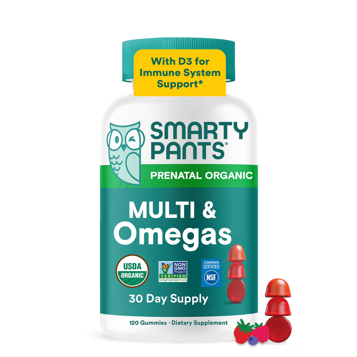 SmartyPants frasco frontal mostrando 120 gomitas y beneficios visibles