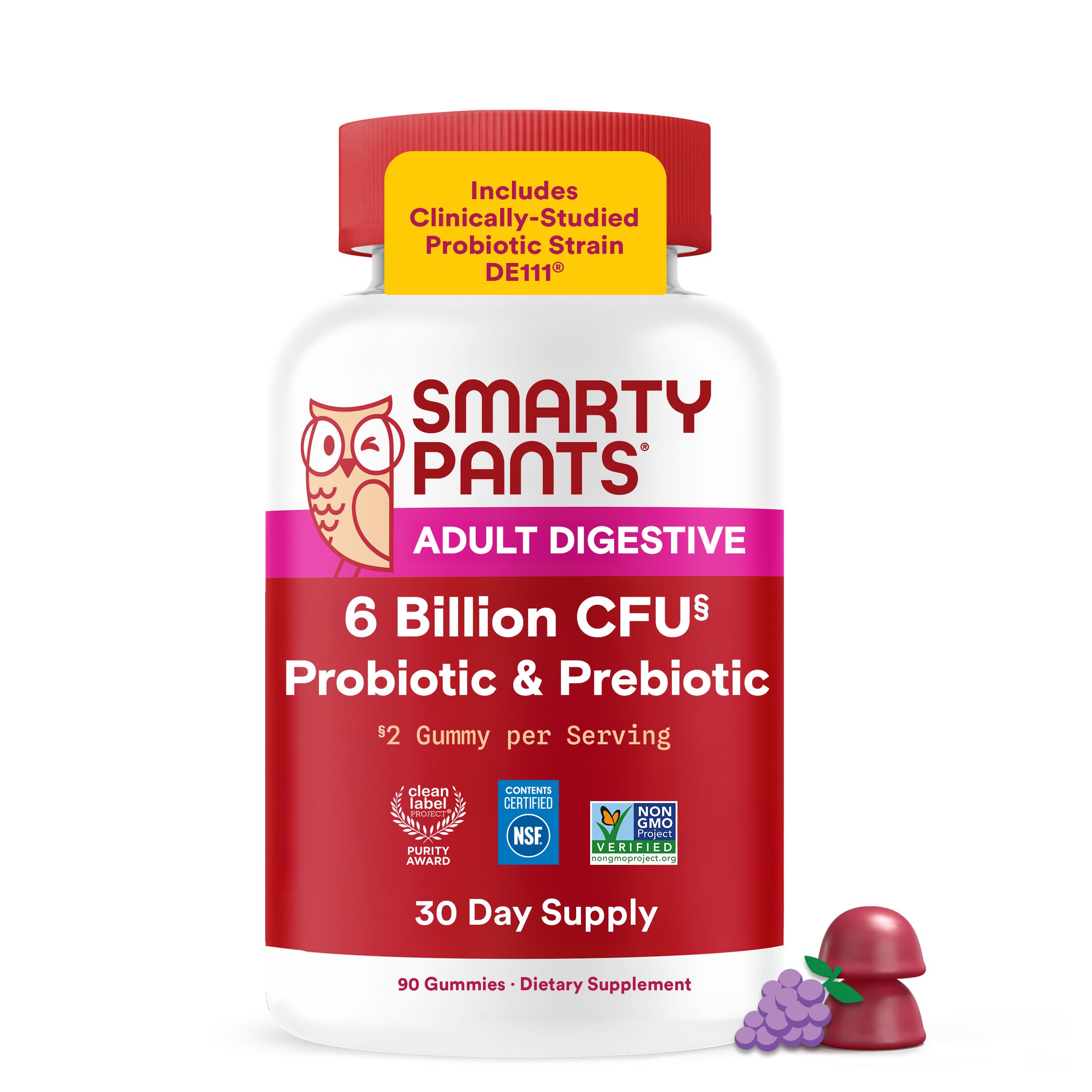 SmartyPants envase frontal de gomitas uva mostrando cantidad y marca