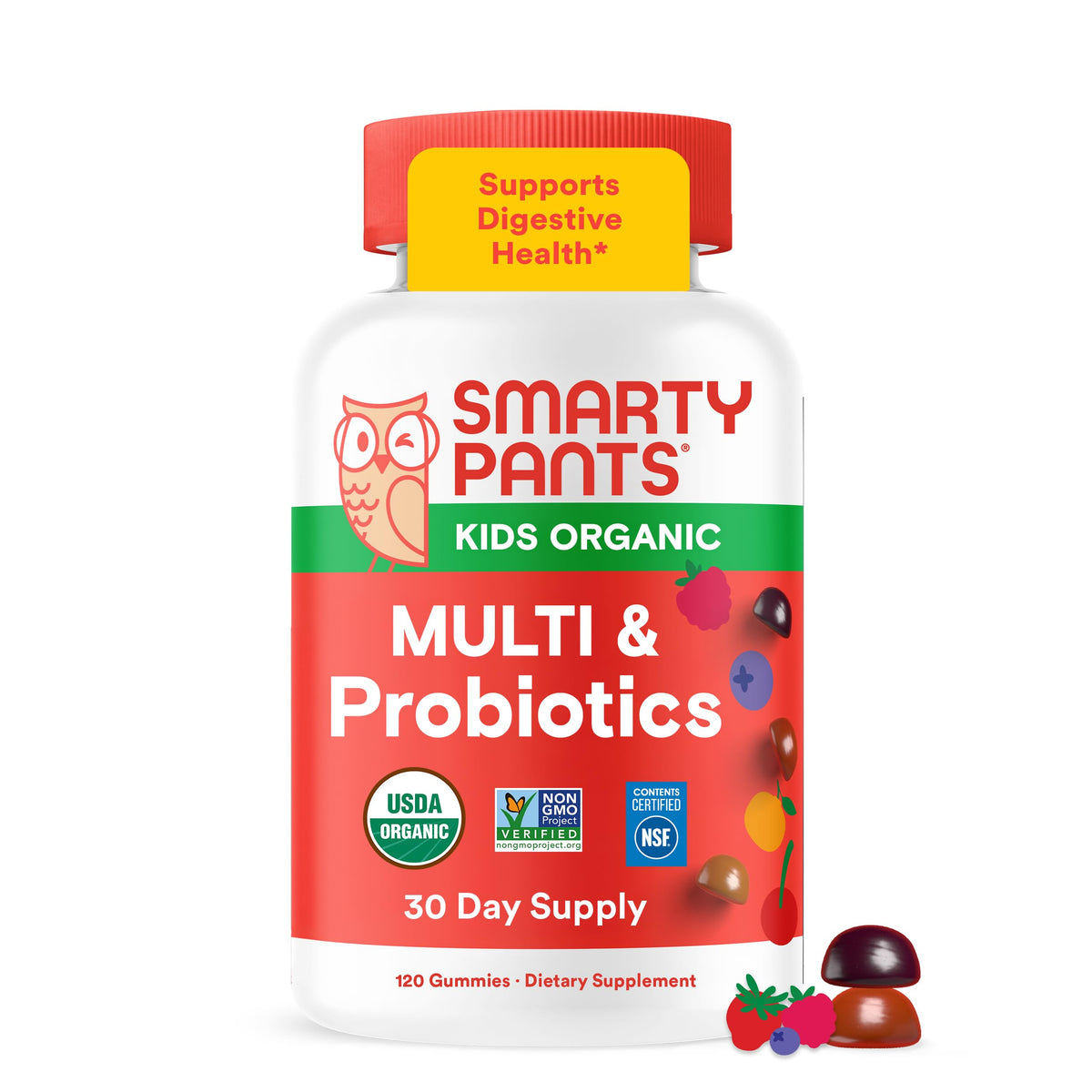 SmartyPants frente del envase mostrando 120 gomitas y beneficios claros