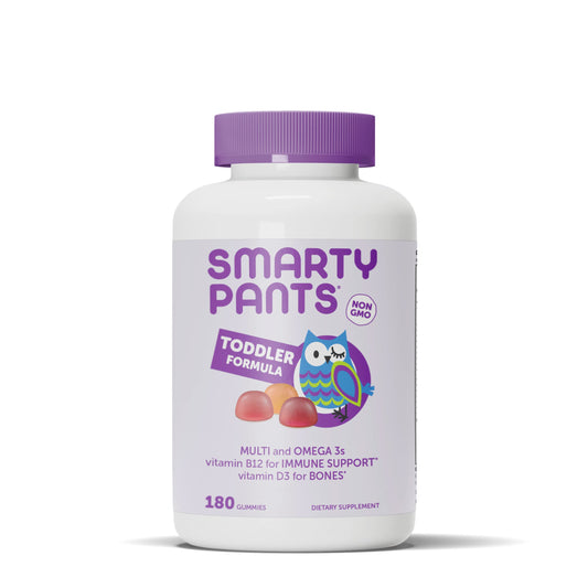 SmartyPants frasco frontal mostrando 180 gomitas y beneficios visuales