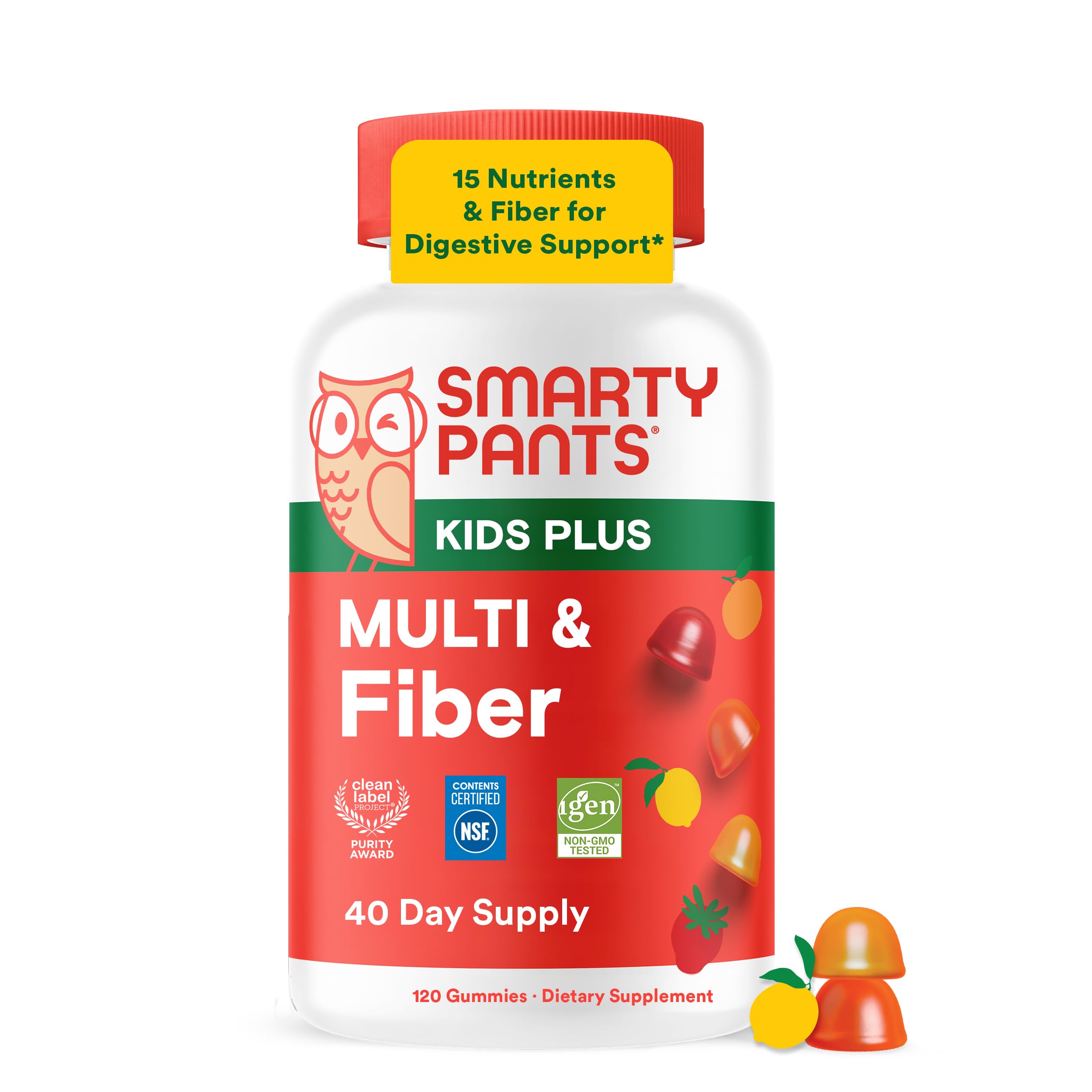 Envase SmartyPants frontal mostrando 120 gomitas y beneficios claros