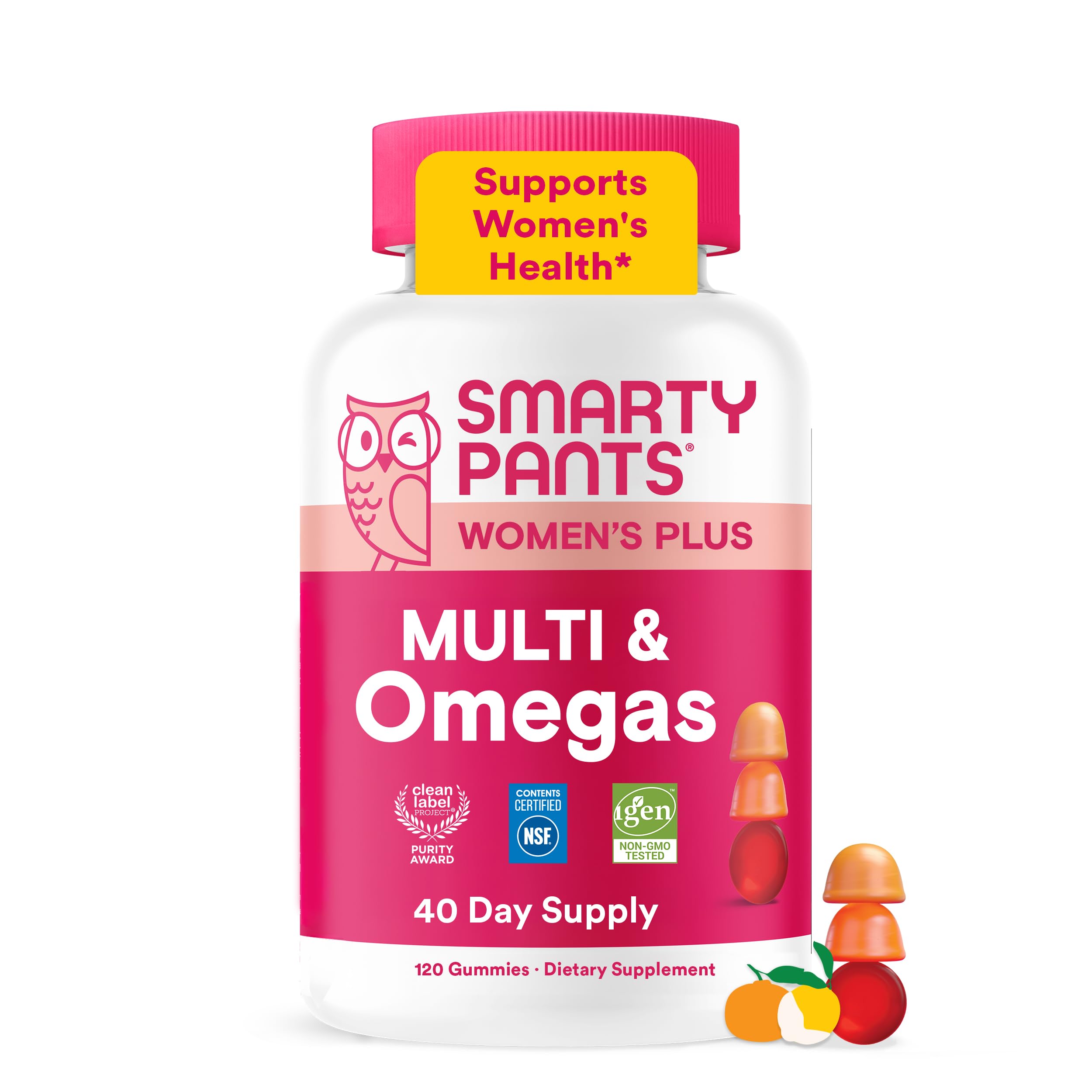 SmartyPants envase frontal mostrando 120 gomitas y beneficios nutricionales