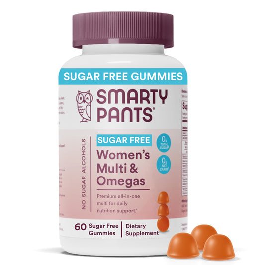 Envase frontal de SmartyPants multivitamínico femenino sin azúcar mostrando el diseño y tamaño